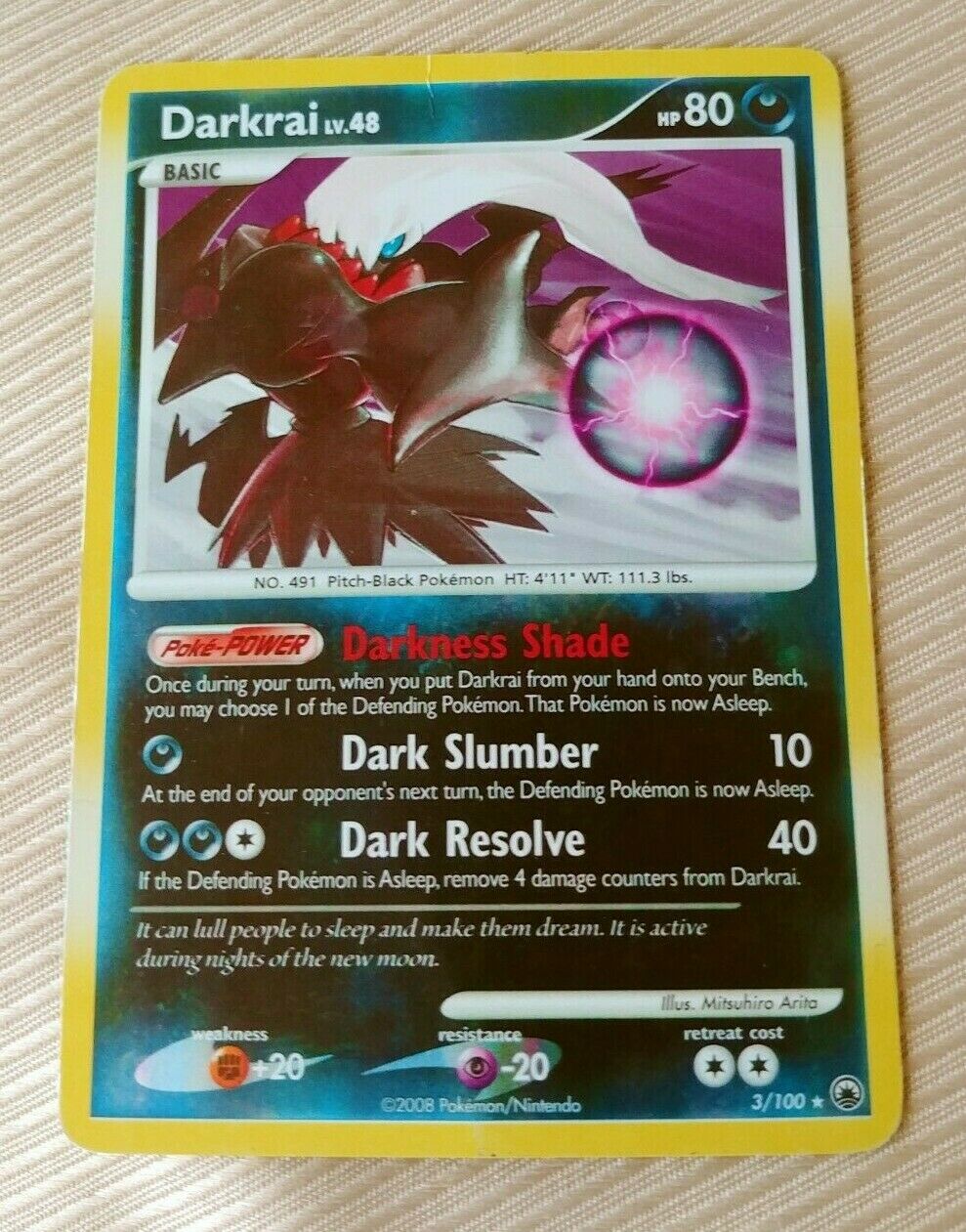 Darkrai LV48 Holo 3/100 Rare, 2008 Majestic Dawn Pokemon Card, Nmnt-Light, Used  - Image 1